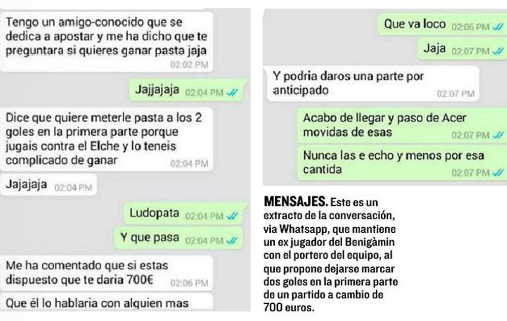 Conversación de Whatsapp entre un ex jugador del Benicàim y el portero. El Mundo