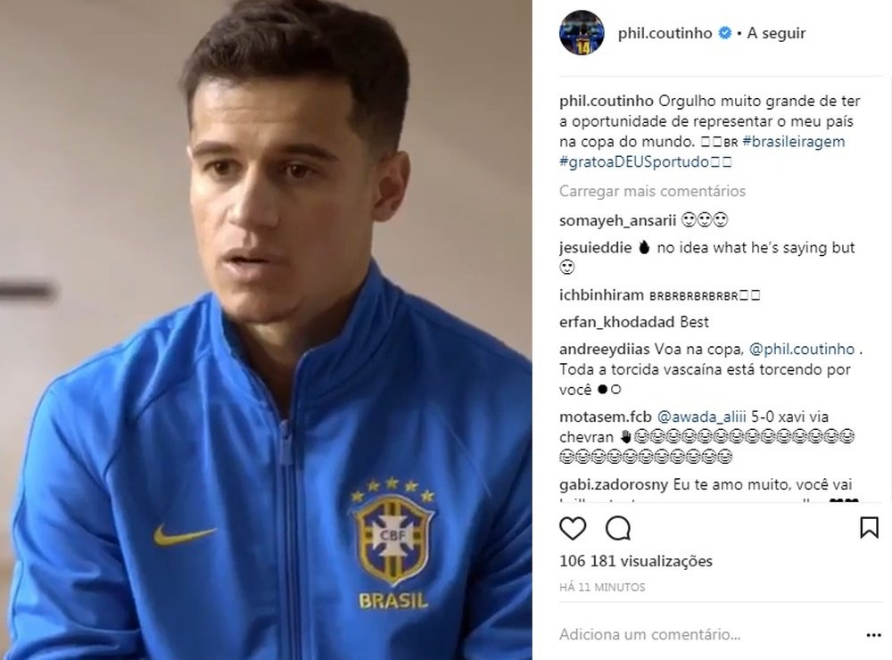 Philippe Coutinho é importante para a Seleção de Tite. Captura de tela Instagram Philippe Coutinho
