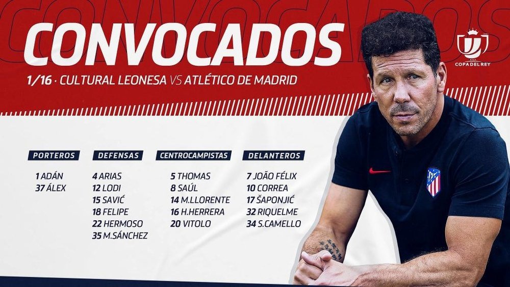 Atlético de Madrid divulgou a lista de relacionados para a partida da Copa do Rei. Twitter/Atleti