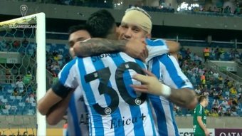 Copetti marcó el 2-1 con Rancig con la cabeza vendada. Twitter/Sudamericana