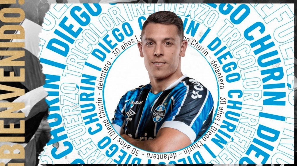 Grêmio apresentou oficialmente o cerntroavante argentino Diego Churín. Twitter/gremio_es