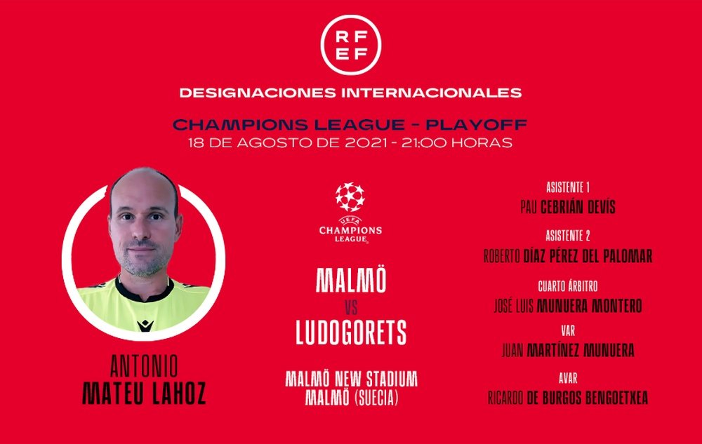 Mateu Lahoz será el árbitro del Malmö-Ludogorets. RFEF