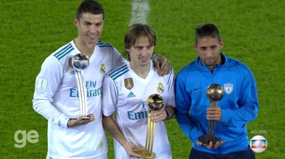 Cristiano, Modric y Urreta, podio de del Balón de Oro del Mundial de Clubes. Twitter