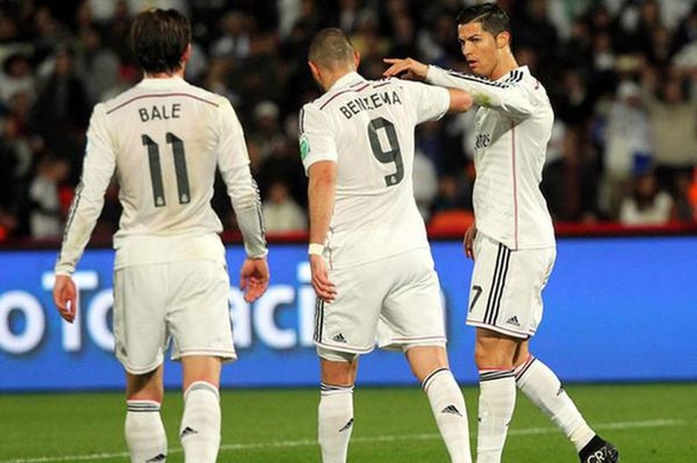 Cristiano Ronaldo, Gareth Bale y Karim Benzema celebran un gol.
