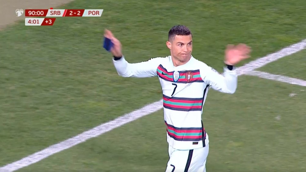Cristiano Ronaldo was furious after his goal didn't count. Screenshot/UEFATV