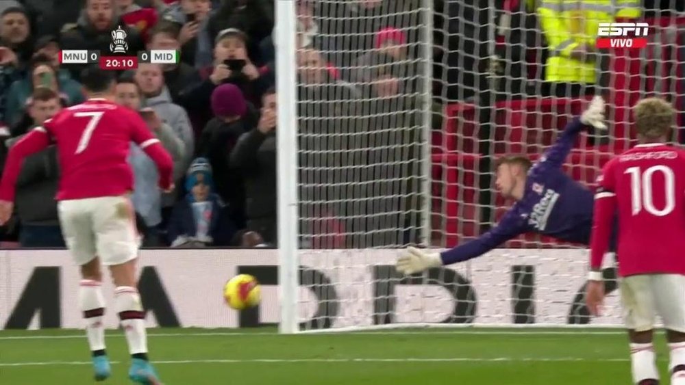 Cristiano Ronaldo did not even force a save out of the Boro GK with his penalty. Screenshot/ESPN