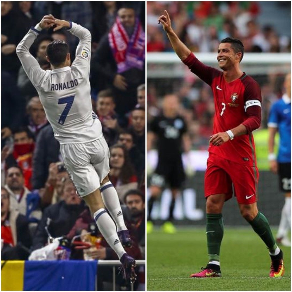 Cristiano Ronaldo célèbre un but avec le Real Real Madrid et un autre avec le Portugal. BeSoccer