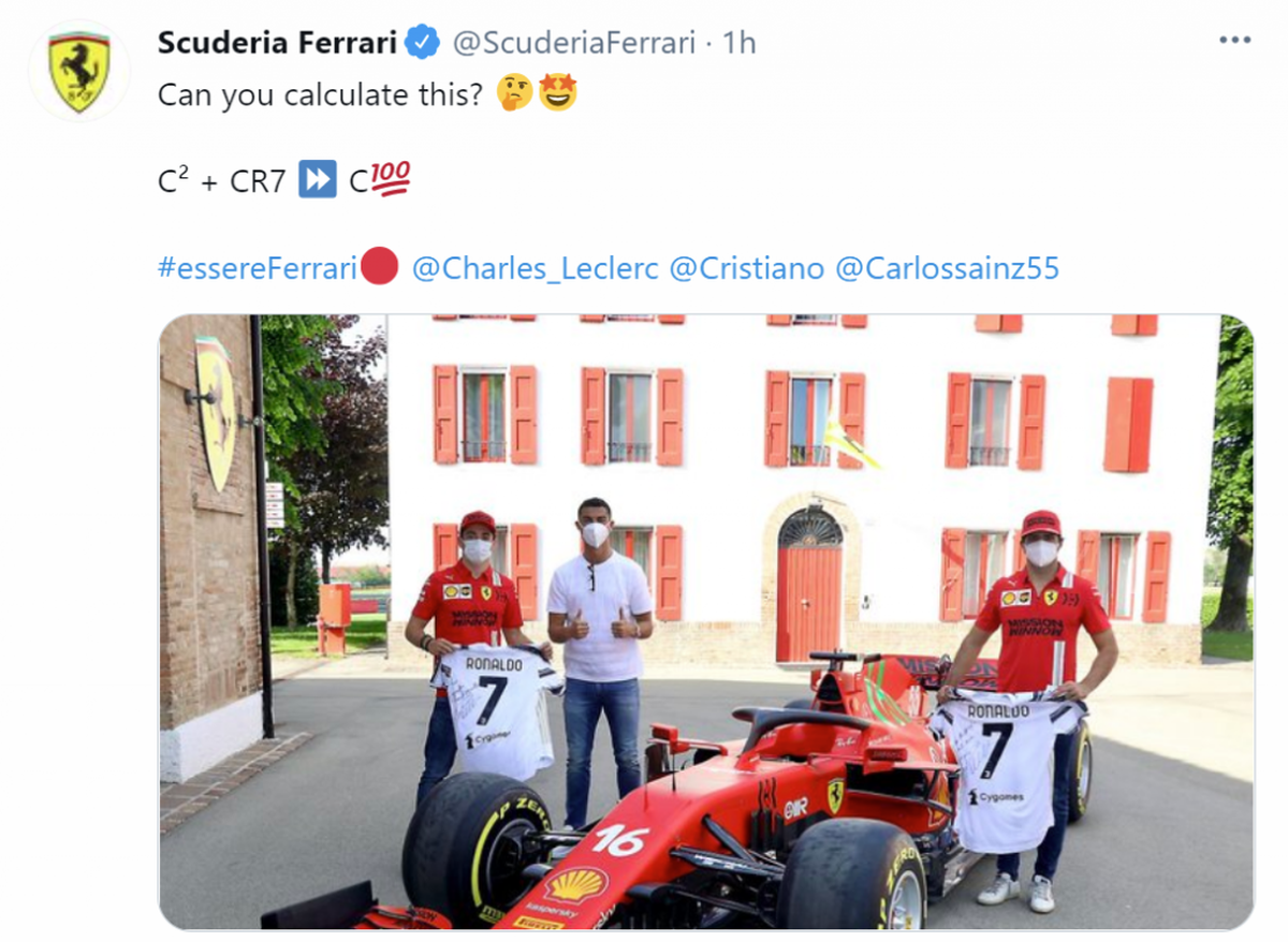 Ronaldo pose avec les pilotes de F1 Ferrari