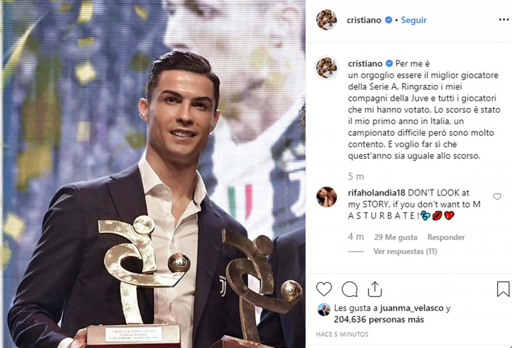 Cristiano se felicita por ser el mejor... en Italia. Instagram/Cristiano