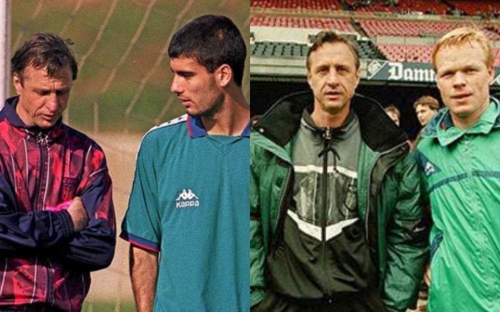 Cruyff, con Guardiola (i) y con Koeman (d), cuando entrenaba al Barcelona.
