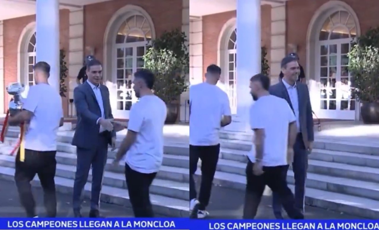 Carvajal le dio la mano a Pedro Sánchez en la Moncloa sin mirarle. Capturas/La1