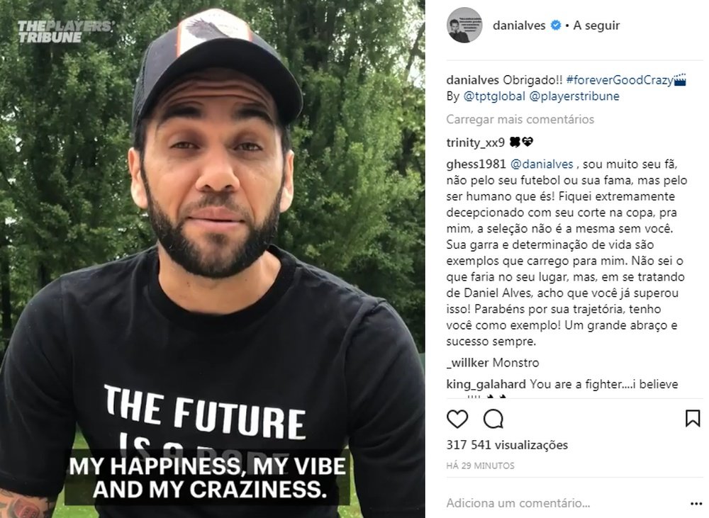 Daniel Alves envia mensagem aos fãs. InstagramDaniAlves