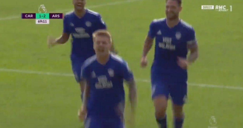Ward ofund the net with a perfectly placed header. Screenshot/RMCSport