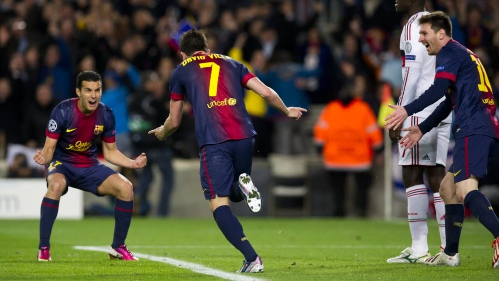 David Villa comemora com Messi e Pedro um dos tentos anotados. FCBarcelona