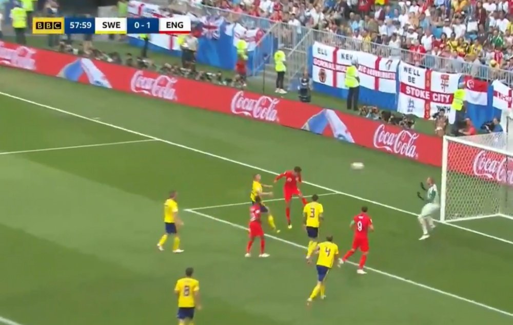 Dele Alli scores a header in England's World Cup quarter-final game v Sweden. BBC