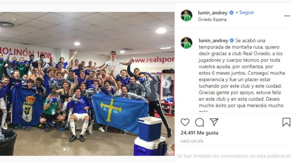 El emotivo adiós de Lunin al Real Oviedo. Instagram/Andrey_Lunin