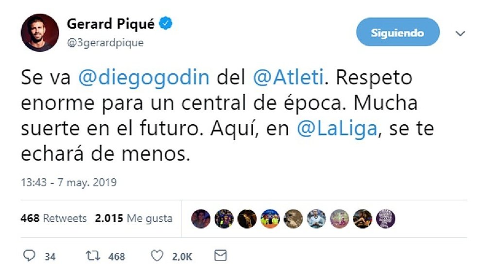 Pique  paid tribute to Godin on Twitter. Twitter/3GerardPique