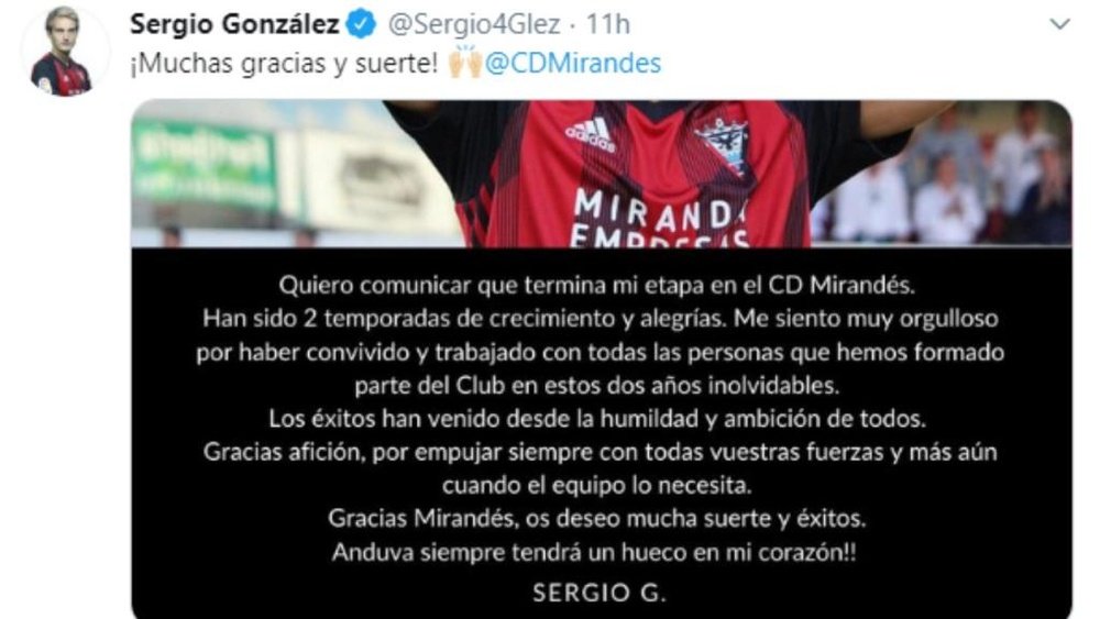 Sergio González podría acabar en el Leganés. Twitter/Sergio4Glez