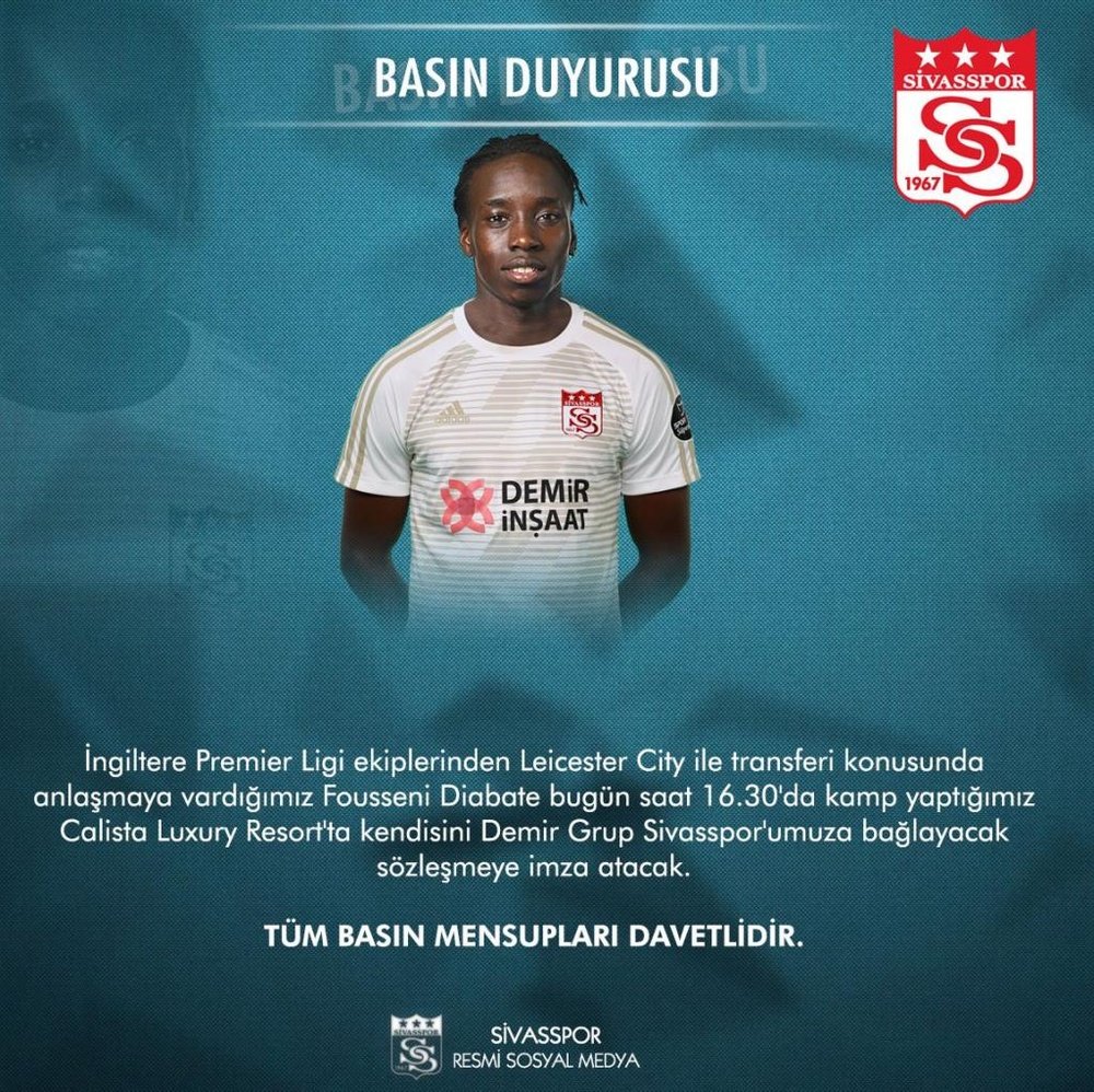 Diabaté, nuevo jugador del Sivasspor. Twitter/SivassporKulubu