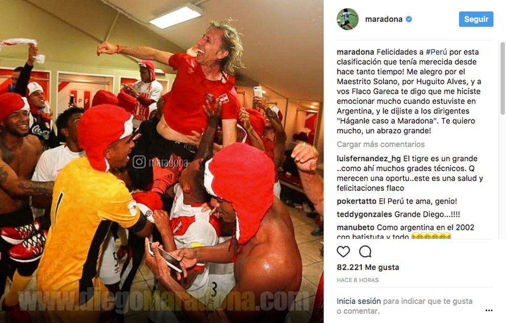 Maradona se alegró por la clasificación de Perú. Instagram/Maradona
