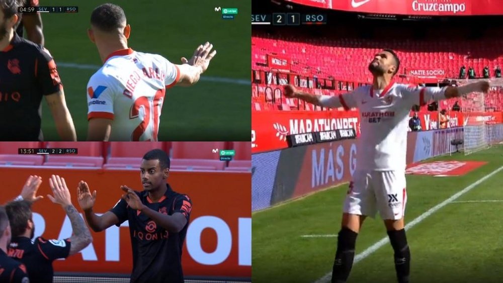 El Sevilla-Real Sociedad se puso 2-2 en solo 14 minutos. Captura/MovistarLaLiga