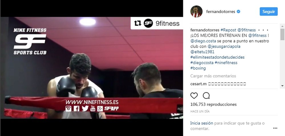 Así se pone a tono Diego Costa en uno de los gimnasios de Torres. Instagram/FernandoTorres