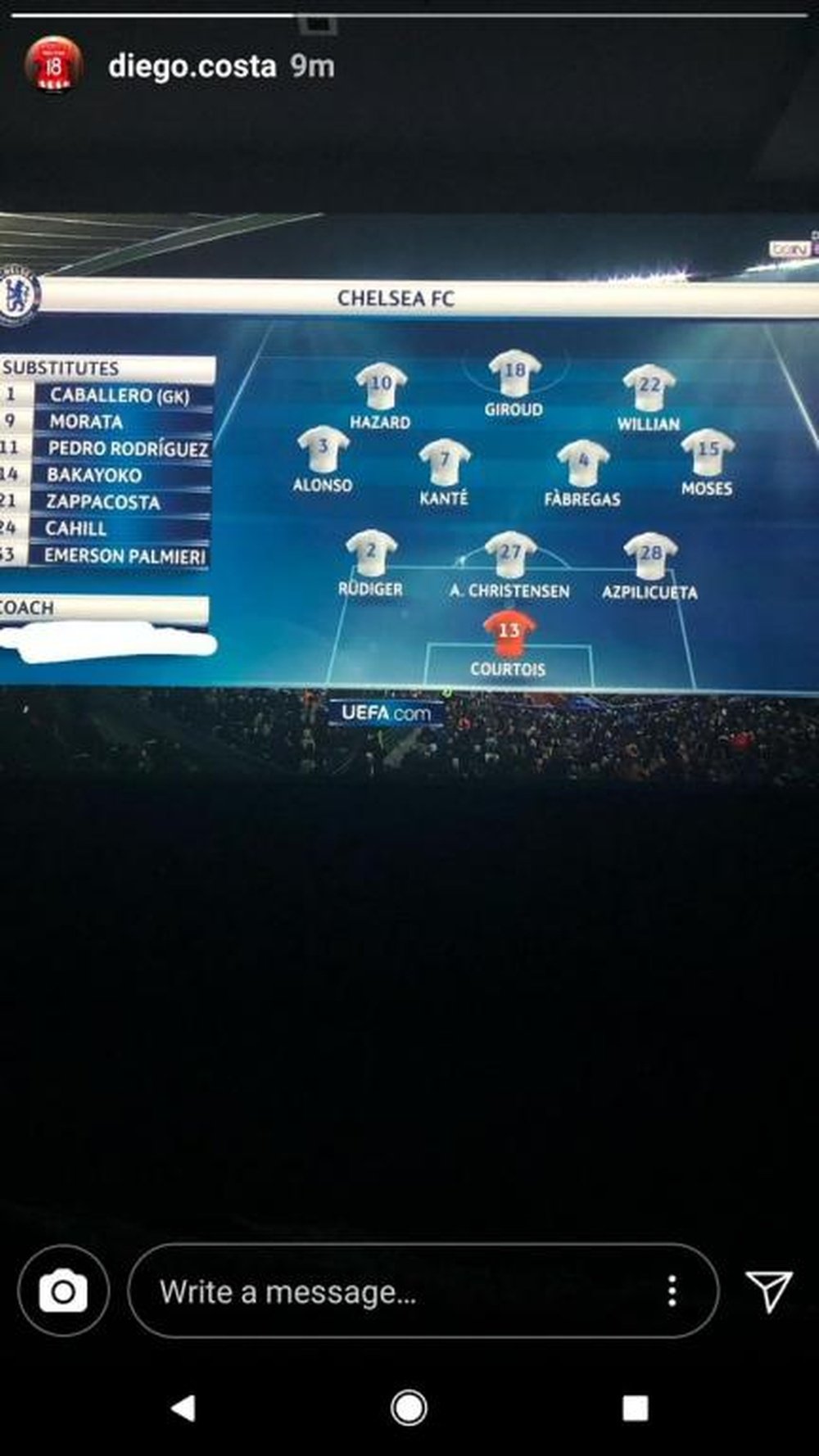 Diego Costa tachó el nombre de Conte en la alineación. Instagram/Diego.Costa