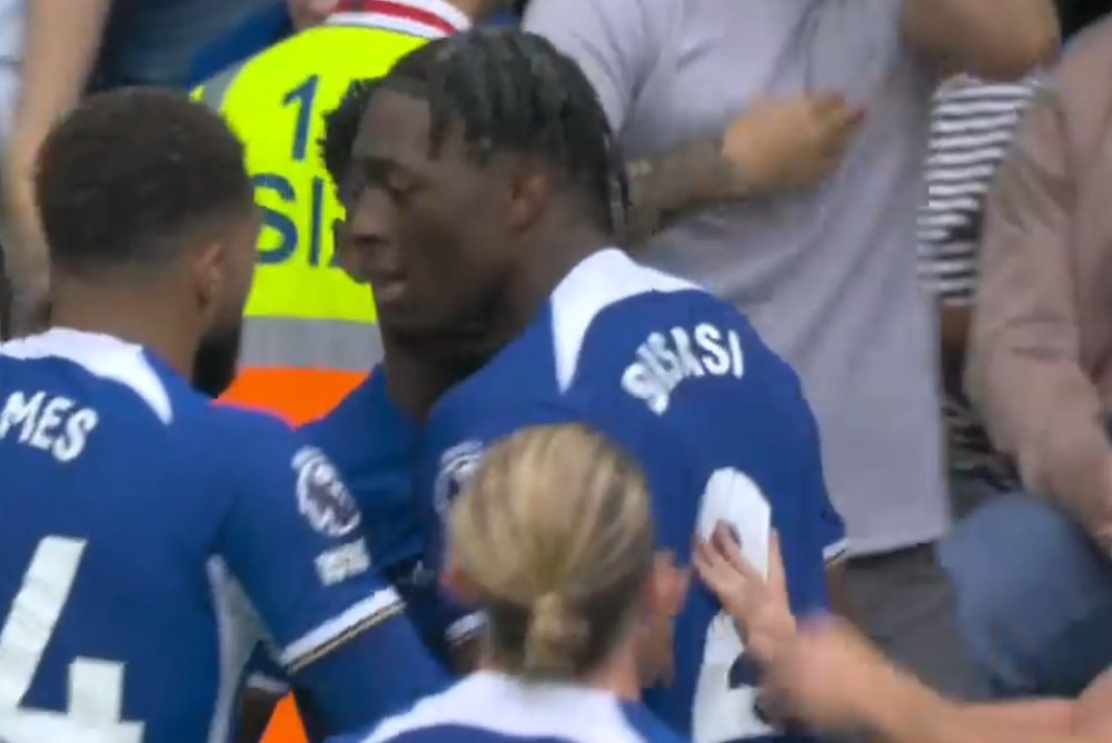 Disasi finds equaliser on his Premier League debut. Screenshot/DAZN