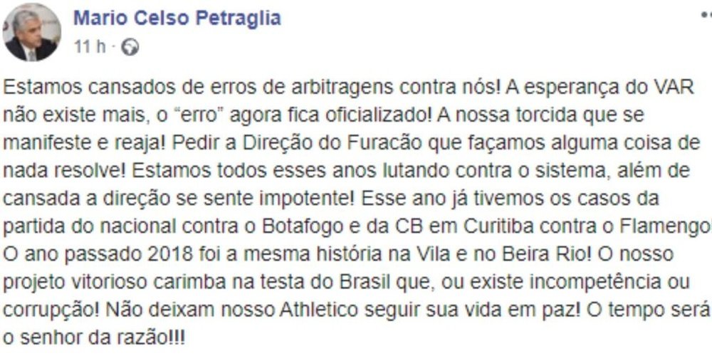 Duras críticas de Athletico Paranaense al arbitraje en el partido ante Santos. Facebook