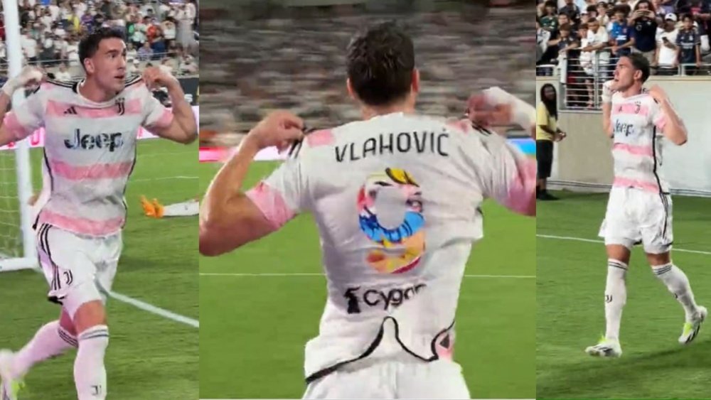 Vlahovic celebró como Dybala en 2019 cuando se especulaba con su salida. Capturas/Juventus