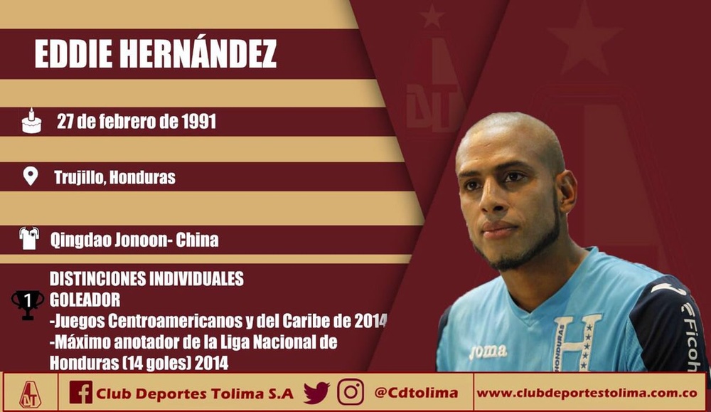 Eddie Hernández llega procedente de Qindao Jonoon chino. CDTolima