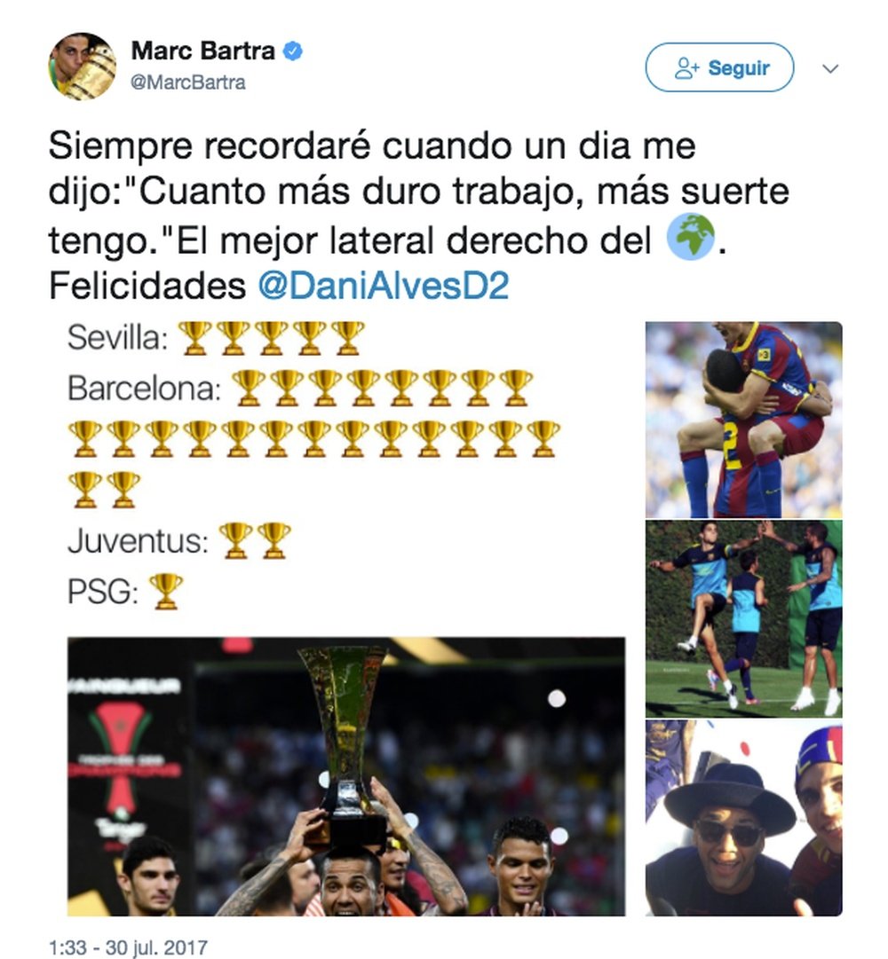 Marc Barta publicó este tuit en honor a Dani Alves. Twitter