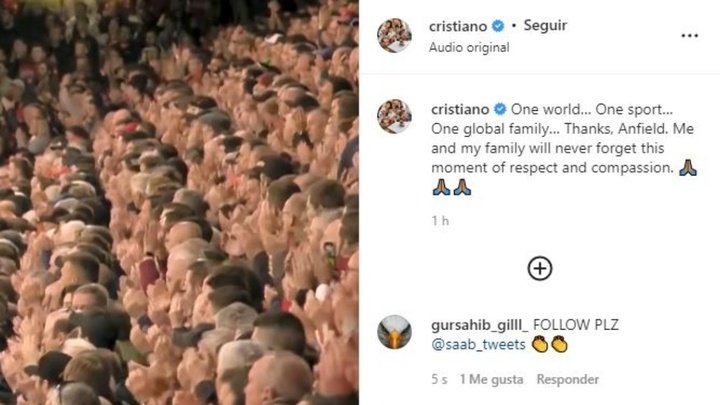 O agradecimento de Cristiano a Anfield. Instagram/cristiano