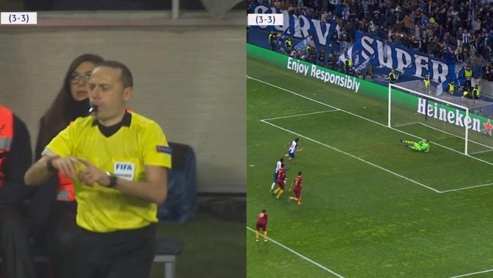 El árbitro vio penalti en el partido entre Oporto y Roma. Captura/Movistar+