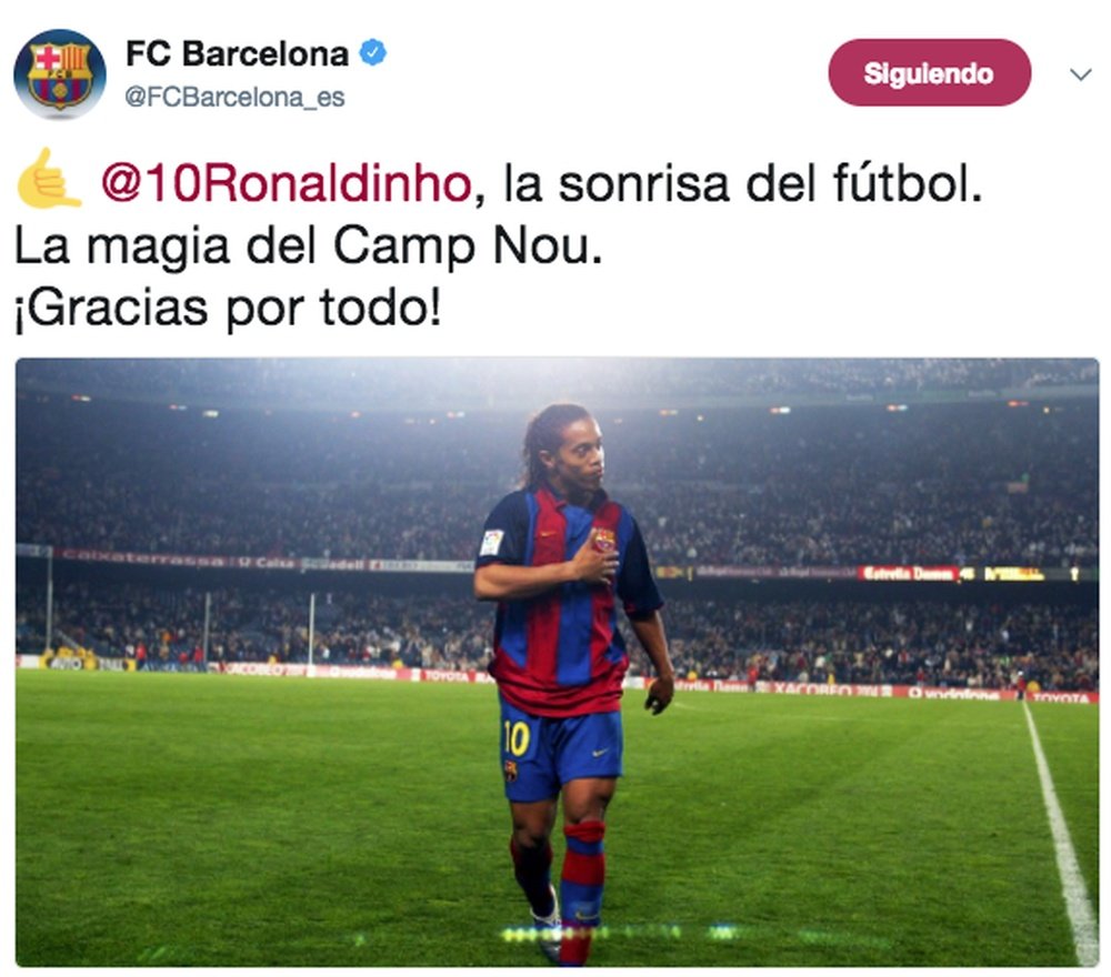 Le Barça a envoyé un message à Ronaldinho. Twitter/FCBarcelona_es
