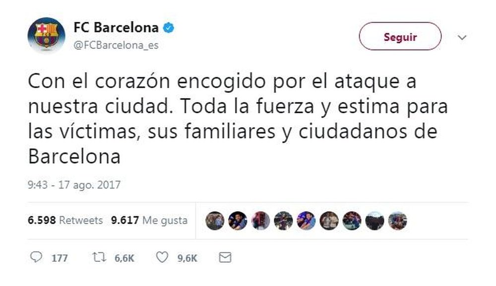 El Barcelona fue uno de los conjuntos que condenaron el atentado. Twitter/FCBarcelona