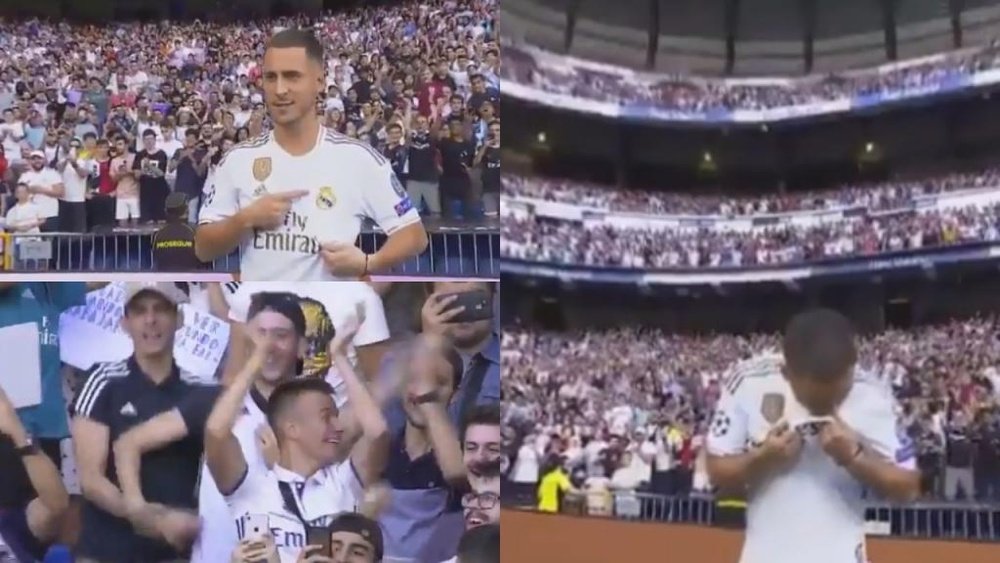 El Bernabéu se puso patas arriba cuando Hazard besó el escudo. Captura/RealMadridTV