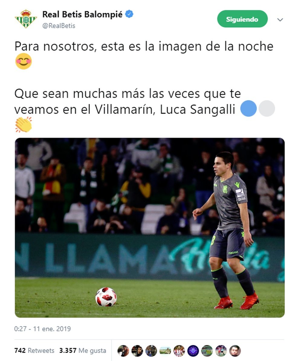 El Betis publicó este tweet con mensaje para Sangalli. Twitter/RealBetis