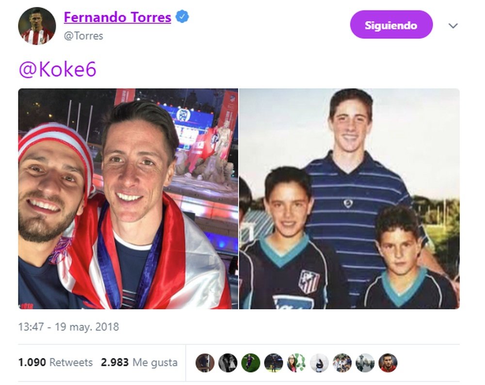 Torres mandó un emotivo mensaje a Koke. Twitter/Torres