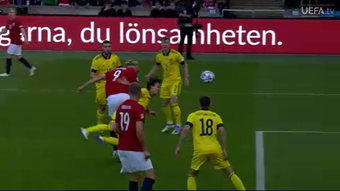 Halaand made it 1-0 for Norway. Screenshot/UEFATV