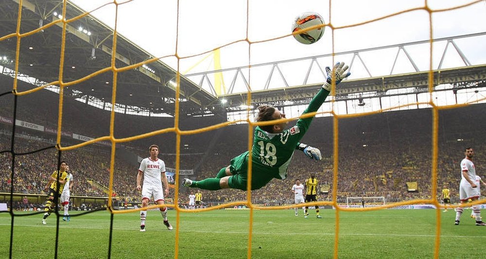 El guardameta del Köln, Kessler, se estira para intentar evitar el tanto de Gonzalo Castro que inauguraba el marcador para el Borussia Dortmund. BVB