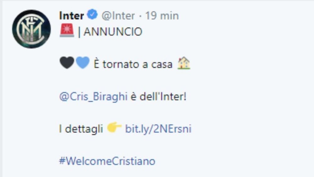 Biraghi vuelve al Inter de Milán. Twitter/Inter