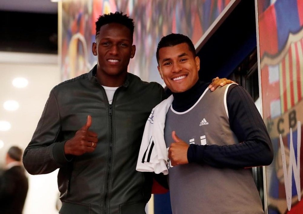 Yerry Mina y Murillo se encontraron en el Camp Nou. Instagram/YerryMina