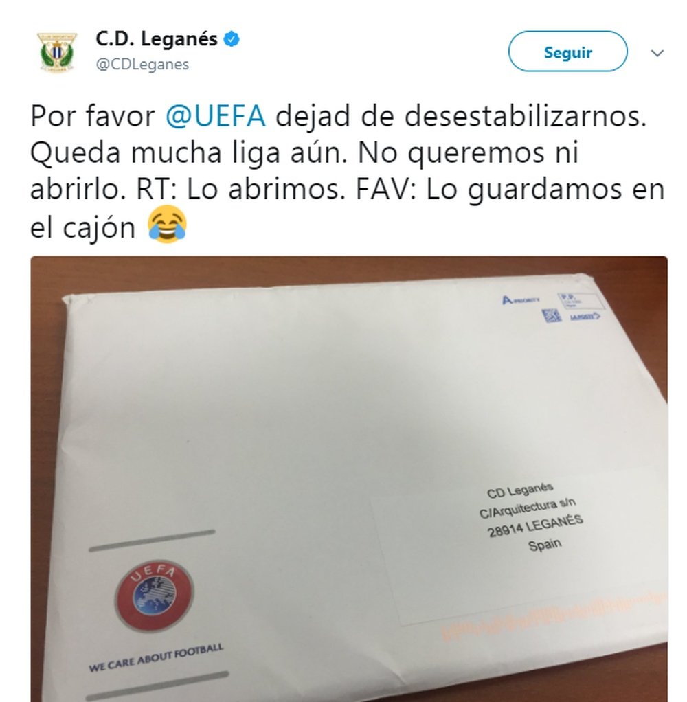 El Leganés recibe una carta de la UEFA. Twitter