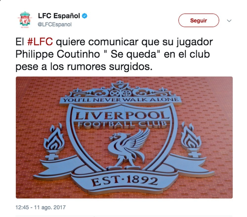 El Liverpool no quiere desprenderse de Coutinho. AFP