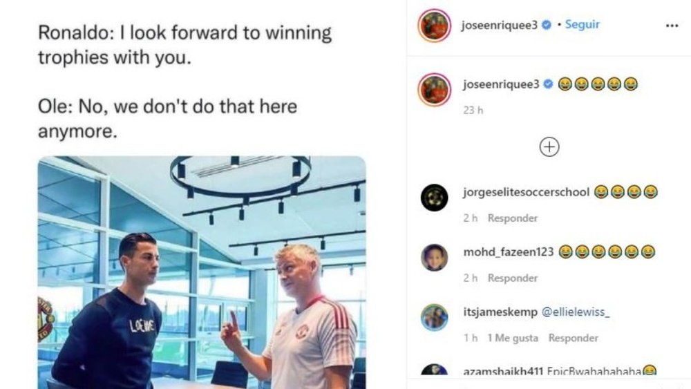 José Enrique se rio de la escasez de títulos del United últimamente. Instagram/joseenriquee3