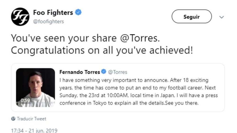 El tweet con el que los 'Foo Fighters' desearon lo mejor a Torres. Twitter/FooFighters