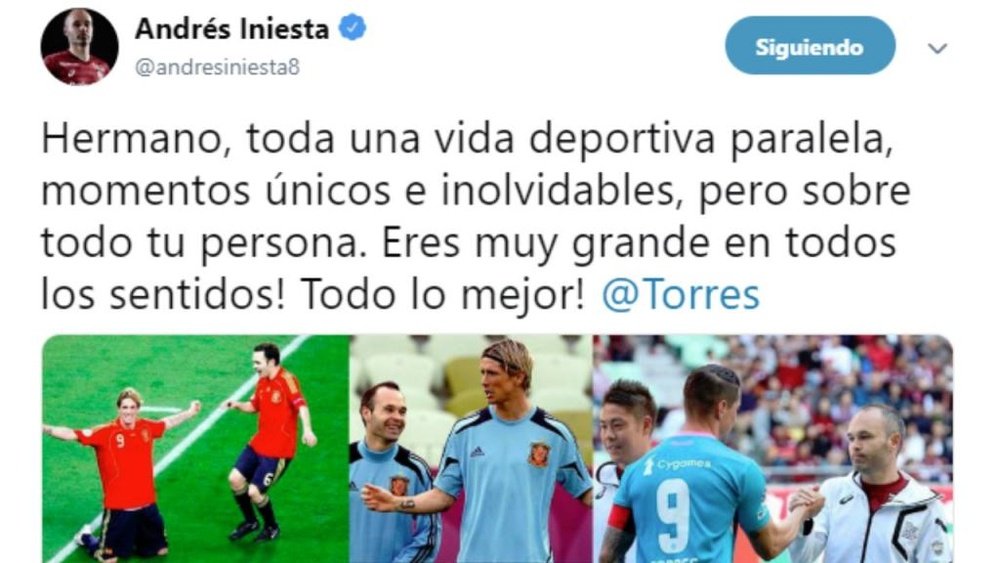 El mensaje de Andrés Iniesta a Fernando Torres tras anunciar su retirada. Twitter/AndrésIniesta8