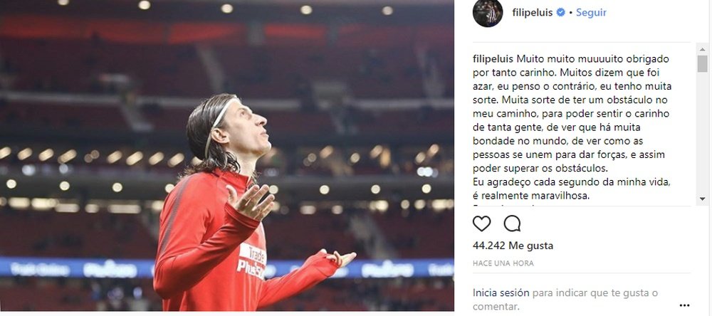 El mensaje de Filipe Luis tras su fractura de peroné. Instagram/FilipeLuis