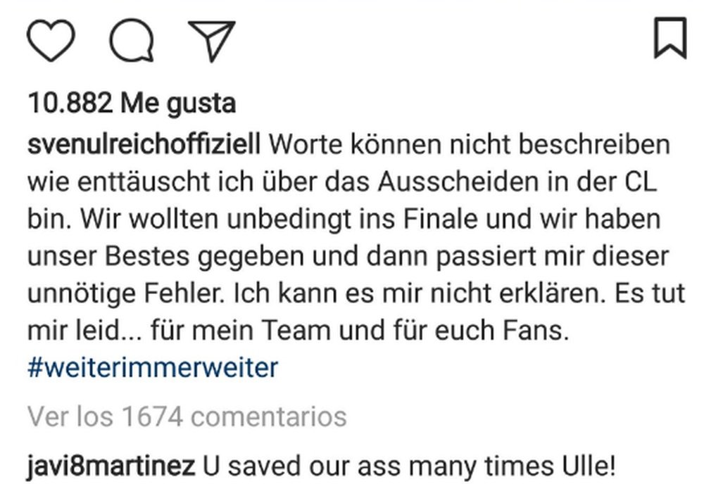 Javi Martínez quiso mostrar su total apoyo a Ulreich tras su error. Instagram/Ulreich